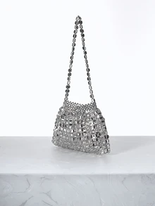 CHICVUE 1 件时尚奢华闪亮银色镂空扁平串珠包，饰有褶皱云朵图案，女士单肩包，适合参加晚宴、时尚活动以及作为圣诞礼物赠送朋友。 - 銀色 - 查看 2