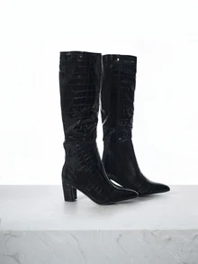 CHICVUE 女士鳄鱼纹侧拉链粗跟靴，时尚户外靴，搭配连衣裙，圣诞礼物之选 - 黑色 - 查看 3