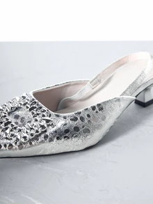 CHICVUE Outdoor Fashion Rhinestone Pointed Toe Black Mesh Breathable Slide Sandals With Low Block Heels Gifts - Silver - View 5