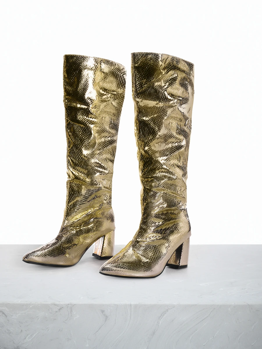 CHICVUE 时尚搭配外套，女士粗跟尖头亮面金属色过膝长靴，百搭西部牛仔摩托车骑行骑士踝靴 - 金色高跟鞋，黑色高跟鞋，冬靴，圣诞节/圣诞鞋 圣诞礼物 - 金色 - 查看 1