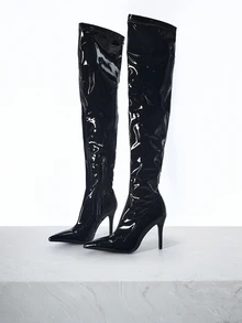 CHICVUE 女士纯色时尚黑色过膝长靴，侧拉链休闲细高跟尖头弹力修身冬季修身靴圣诞礼物 - 黑色 - 查看 1