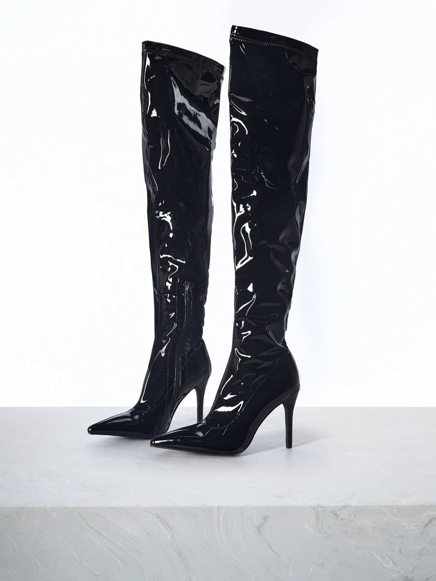 CHICVUE 女士纯色时尚黑色过膝长靴,侧拉链休闲细高跟尖头弹力修身冬季修身靴圣诞礼物 - 黑色 - 查看 1