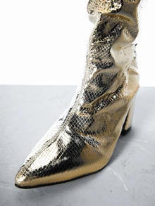 CHICVUE 时尚搭配外套，女士粗跟尖头亮面金属色过膝长靴，百搭西部牛仔摩托车骑行骑士踝靴 - 金色高跟鞋，黑色高跟鞋，冬靴，圣诞节/圣诞鞋 圣诞礼物 - 金色 - 查看 4