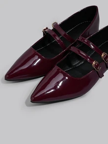 DareSee Chaussures plates à bout pointu Babies pour femmes, talons bas épais vernis bordeaux avec boucle, style preppy, cadeaux de printemps et d'automne pour les festivals de musique - Rouge foncé - Voir 2