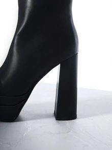 CHICVUE Damskie buty na jesień/zimę, grube, z kwadratowymi noskami i suwakiem z boku, seksowne, na wysokim obcasie do połowy łydki i platformie. Prezenty świąteczne - Czarne - Zobacz 5