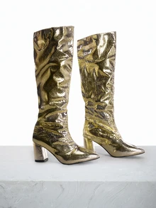 CHICVUE 时尚搭配外套，女士粗跟尖头亮面金属色过膝长靴，百搭西部牛仔摩托车骑行骑士踝靴 - 金色高跟鞋，黑色高跟鞋，冬靴，圣诞节/圣诞鞋 圣诞礼物 - 金色 - 查看 2