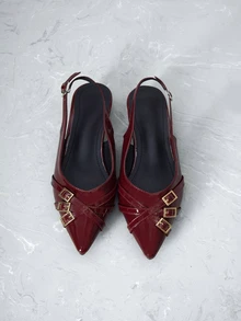 CHICVUE 女士平底拖鞋，时尚水钻搭扣凉鞋，带后跟带，百搭户外女鞋，圣诞礼物 - 酒紅色 - 查看 2