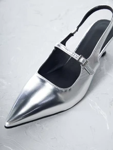 CHICVUE Pointed Toe High Heels Stiletto Pumps, Silver Ankle Strap, Patent Leather Fashion Shoes Gifts - Silver - View 4
