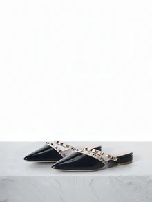 CHICVUE 女士铆钉粗跟闭趾拖鞋，新款，适合搭配连衣裙，尖头低跟水钻软皮凉拖，圣诞礼物 - 黑色 - 查看 2