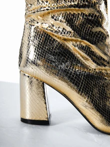 CHICVUE 时尚搭配外套，女士粗跟尖头亮面金属色过膝长靴，百搭西部牛仔摩托车骑行骑士踝靴 - 金色高跟鞋，黑色高跟鞋，冬靴，圣诞节/圣诞鞋 圣诞礼物 - 金色 - 查看 5