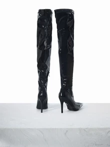 CHICVUE 女士纯色时尚黑色过膝长靴，侧拉链休闲细高跟尖头弹力修身冬季修身靴圣诞礼物 - 黑色 - 查看 2