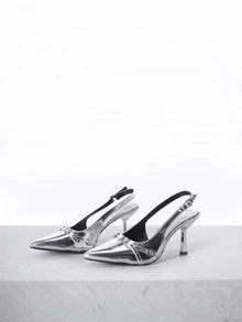 CHICVUE 2024春秋新款尖头金属扣细跟高跟套脚露趾凉鞋，女士圣诞礼物 - 銀色 - 查看 1