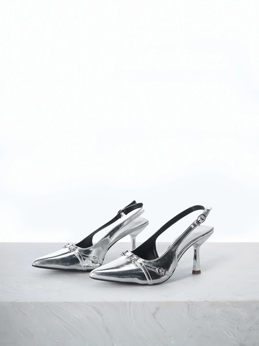 CHICVUE 2024春秋新款尖头金属扣细跟高跟套脚露趾凉鞋，女士圣诞礼物 - 銀色 - 查看 1