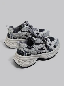 DareSee 2025秋季/2024春夏新款软皮厚底运动鞋，女士透气网面跑步鞋，休闲运动鞋，音乐节礼物 - 灰色 - 查看 5