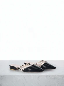 CHICVUE 女士铆钉粗跟闭趾拖鞋，新款，适合搭配连衣裙，尖头低跟水钻软皮凉拖，圣诞礼物 - 黑色 - 查看 3