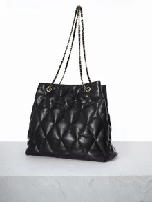 CHICVUE Large Capacity Fashion Tote Bag With Embroidered Diamond Pattern, Soft Winter Chain Shoulder & Crossbody Bag For Women Gifts - Black - View 2