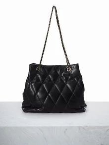 CHICVUE Large Capacity Fashion Tote Bag With Embroidered Diamond Pattern, Soft Winter Chain Shoulder & Crossbody Bag For Women Gifts - Black - View 1