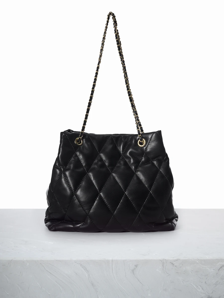 CHICVUE Large Capacity Fashion Tote Bag With Embroidered Diamond Pattern, Soft Winter Chain Shoulder & Crossbody Bag For Women Gifts - Black - View 1