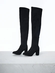 CHICVUE 女士极简过膝后跟粗跟仿麂皮经典袜靴，可搭配任何牛仔裤，圣诞礼物 - 黑色 - 查看 4