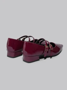 DareSee Chaussures plates à bout pointu Babies pour femmes, talons bas épais vernis bordeaux avec boucle, style preppy, cadeaux de printemps et d'automne pour les festivals de musique - Rouge foncé - Voir 6