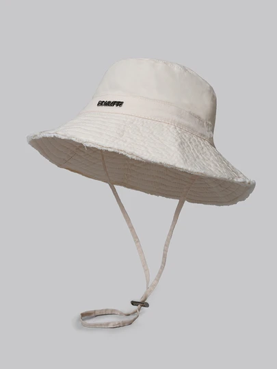 DareSee Sombrero de cubo de ala ancha con borde deshilachado y letra metálica, estilo coreano. Sombrero de verano para mujer para actividades al aire protección solar, regalo de Navidad