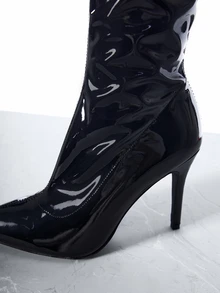 CHICVUE 女士纯色时尚黑色过膝长靴，侧拉链休闲细高跟尖头弹力修身冬季修身靴圣诞礼物 - 黑色 - 查看 4