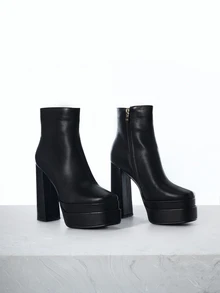 CHICVUE Damskie buty na jesień/zimę, grube, z kwadratowymi noskami i suwakiem z boku, seksowne, na wysokim obcasie do połowy łydki i platformie. Prezenty świąteczne - Czarne - Zobacz 3