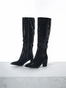 CHICVUE 女士鳄鱼纹侧拉链粗跟靴，时尚户外靴，搭配连衣裙，圣诞礼物之选 - 黑色 - 查看 1