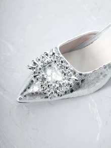 CHICVUE Outdoor Fashion Rhinestone Pointed Toe Black Mesh Breathable Slide Sandals With Low Block Heels Gifts - Silver - View 4