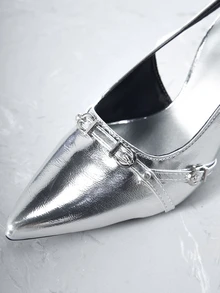 CHICVUE 2024春秋新款尖头金属扣细跟高跟套脚露趾凉鞋，女士圣诞礼物 - 銀色 - 查看 4