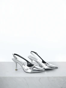 CHICVUE 2024春秋新款尖头金属扣细跟高跟套脚露趾凉鞋，女士圣诞礼物 - 銀色 - 查看 3