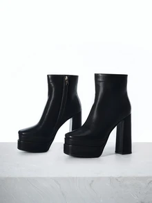 CHICVUE Damskie buty na jesień/zimę, grube, z kwadratowymi noskami i suwakiem z boku, seksowne, na wysokim obcasie do połowy łydki i platformie. Prezenty świąteczne - Czarne - Zobacz 1