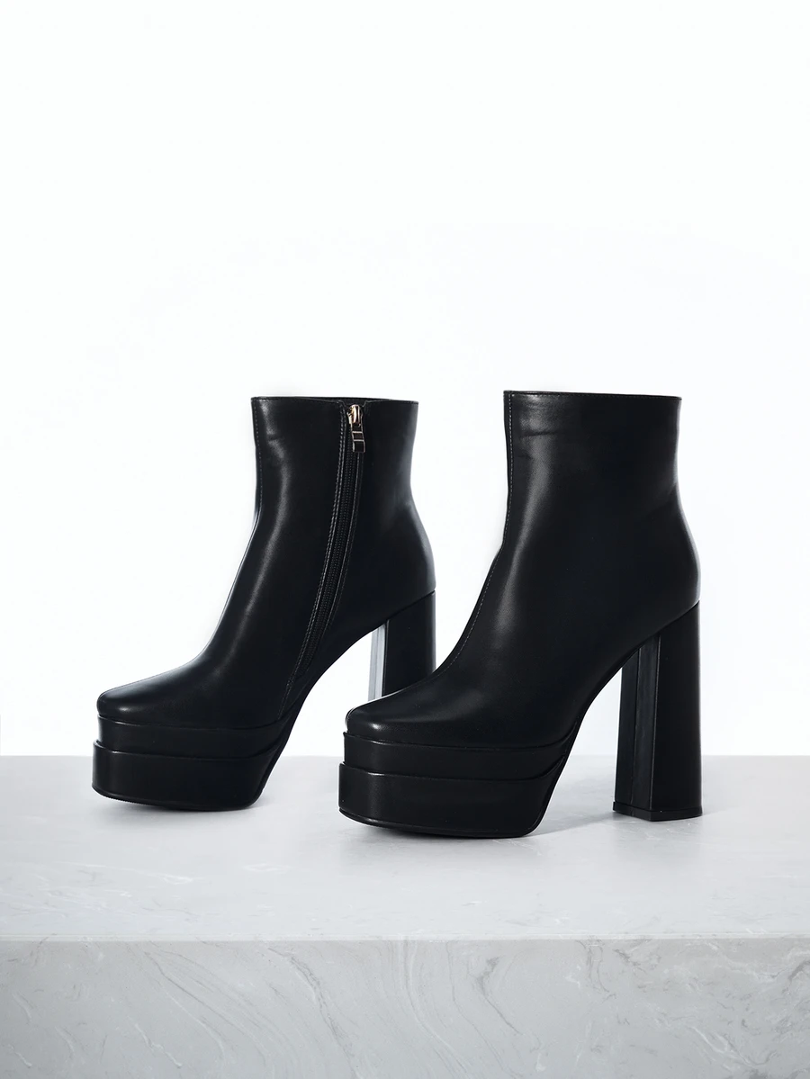 CHICVUE Damskie buty na jesień/zimę, grube, z kwadratowymi noskami i suwakiem z boku, seksowne, na wysokim obcasie do połowy łydki i platformie. Prezenty świąteczne - Czarne - Zobacz 1