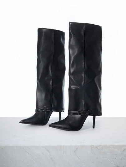 性感时尚裤型靴，金属搭扣装饰，尖头细高跟，休闲黑色女士过膝靴，圣诞礼物