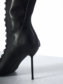 CHICVUE Giày bốt cao gót đế xuồng mới đến cho nữ, mũi nhọn gợi cảm, quai chéo khoét sâu, siêu cao gót, bốt dài thời trang, quà tặng Giáng sinh - màu đen - Xem 6
