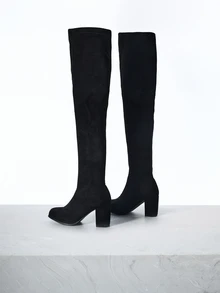 CHICVUE 女士极简过膝后跟粗跟仿麂皮经典袜靴，可搭配任何牛仔裤，圣诞礼物 - 黑色 - 查看 3