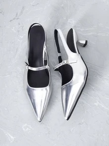CHICVUE Pointed Toe High Heels Stiletto Pumps, Silver Ankle Strap, Patent Leather Fashion Shoes Gifts - Silver - View 2