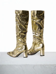 CHICVUE 时尚搭配外套，女士粗跟尖头亮面金属色过膝长靴，百搭西部牛仔摩托车骑行骑士踝靴 - 金色高跟鞋，黑色高跟鞋，冬靴，圣诞节/圣诞鞋 圣诞礼物 - 金色 - 查看 3