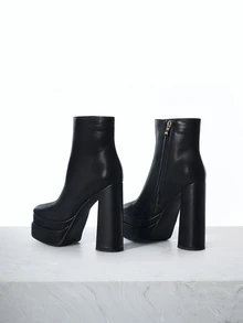 CHICVUE Damskie buty na jesień/zimę, grube, z kwadratowymi noskami i suwakiem z boku, seksowne, na wysokim obcasie do połowy łydki i platformie. Prezenty świąteczne - Czarne - Zobacz 2