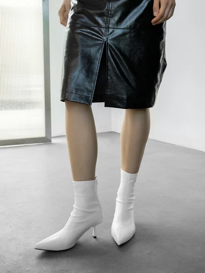 CHICVUE Women White Ankle Boots And Short Boots, 7cm High Heel Elastic Slim Boots, Comfortable & Fashionable, High Heels Wine Glass Heel Boots Gifts