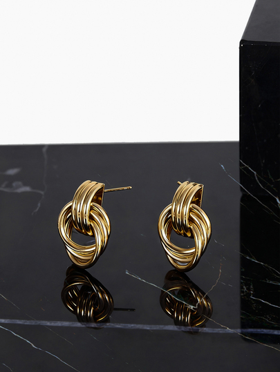 CHICVUE 1pair Fashionable Gold Tone Alloy Multi-Turn Knotted Design Stud Earrings For Women, Double Hoop Studs, Statement Dangling Earrings, Unique Earrings Anniversary Gift For Wife Christmas Gifts