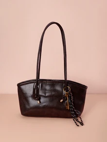 Hatastic 1个咖啡棕色绗缝拉链PU纯色保龄球包，秋冬季大容量手提包，新款时尚毛毡质感单肩包，复古马鞍式腋下通勤笔记本电脑包，带绳索装饰，适合女性日常使用，时尚蝴蝶结钱包，适合女性作为礼物或音乐节礼物 - 咖啡棕 - 查看 2