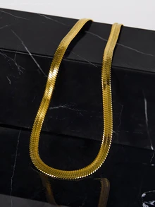 CHICVUE 1pc 18K Gold Plated Stainless Steel Flat Snake Chain Necklace For Women, Thick Bohemian Style Gift Gifts - Gold - View 2