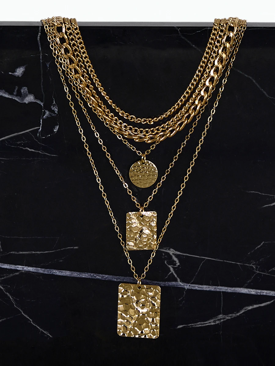 CHICVUE 6件套女士锌合金链条叠戴项链，甜美酷炫几何吊坠套装，圣诞礼物 - 金黃色 - 查看 1