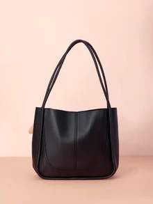 Hatastic Vintage &Retro Bag Ladies' Fashionable Casual All-Match Pu Solid Color Stitching Large Capacity Handbag Tote Shoulder Bag, School Bag, Large Capacity, Portable, Classic Casual, Business Casual, For Teen Girls Women College Students, White-Collar Workers, Perfect For Work, Back To School, Middle School, High School, College, Vacation, New In Fall/Winter Large Capacity Shoulder Tote Bag Gifts Music Fest - Black - View 5