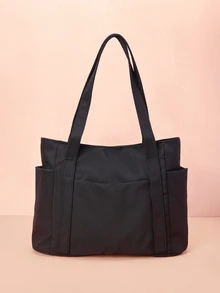 Hatastic 1 Peça Bolsa Feminina de Nylon com Vários Bolsos, Prática, Multifuncional, Bolsa de Ombro de Grande Capacidade, Bolsa Escolar Estilo Preppy para Semana do Livro, Bolsa Escolar Grande com Vários Compartimentos para Praia, Escola, Trabalho e Uso Diário, Bolsa Literária e Bolsa para Mulheres ou Estudantes, Presente para Festivais de Música - Preto - Visão 4
