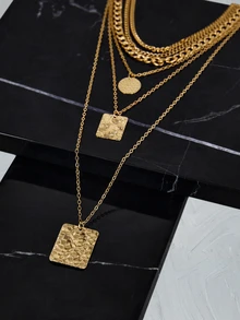 CHICVUE 6件套女士锌合金链条叠戴项链，甜美酷炫几何吊坠套装，圣诞礼物 - 金黃色 - 查看 5