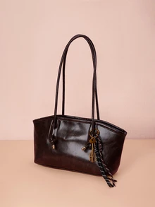 Hatastic 1个咖啡棕色绗缝拉链PU纯色保龄球包，秋冬季大容量手提包，新款时尚毛毡质感单肩包，复古马鞍式腋下通勤笔记本电脑包，带绳索装饰，适合女性日常使用，时尚蝴蝶结钱包，适合女性作为礼物或音乐节礼物 - 咖啡棕 - 查看 4