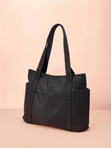 Hatastic 1 Peça Bolsa Feminina de Nylon com Vários Bolsos, Prática, Multifuncional, Bolsa de Ombro de Grande Capacidade, Bolsa Escolar Estilo Preppy para Semana do Livro, Bolsa Escolar Grande com Vários Compartimentos para Praia, Escola, Trabalho e Uso Diário, Bolsa Literária e Bolsa para Mulheres ou Estudantes, Presente para Festivais de Música - Preto - Visão 3