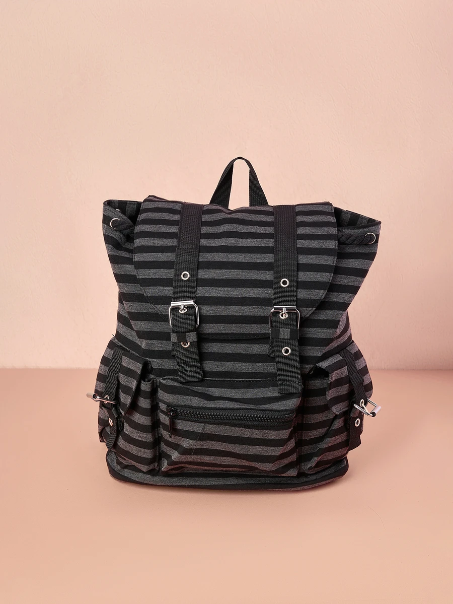 Hatastic 1pc Minimalist Large Capacity Multi-Pocket Striped Black Backpack, School Backpack Back To School Essentials, Bags For University, University Essentials Gifts - Multicolor - View 1